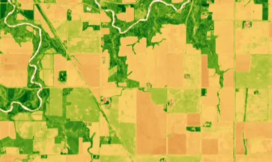 Satellite imagery processed to view the vegetation index of an agriculturalregion
