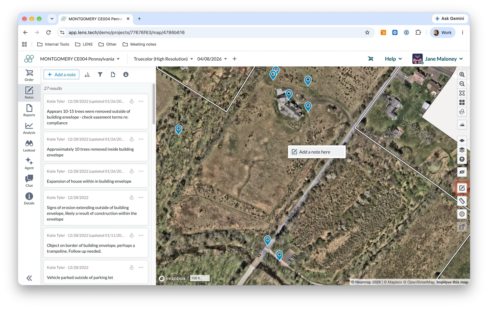 Adding a note from the map view with a right click, the "n" key, or the toolbar button