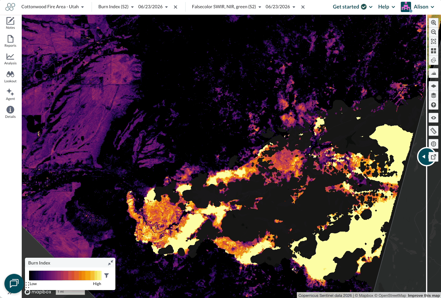 Burn Index layer showing the Cottonwood Fire in Utah