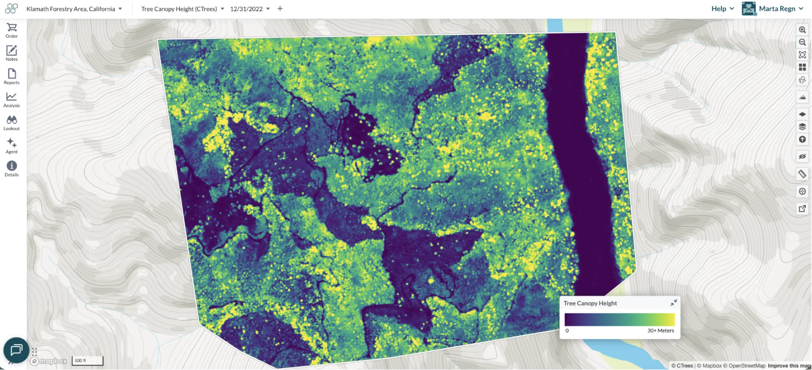CTrees Tree Canopy Height data displayed in the Lens platform