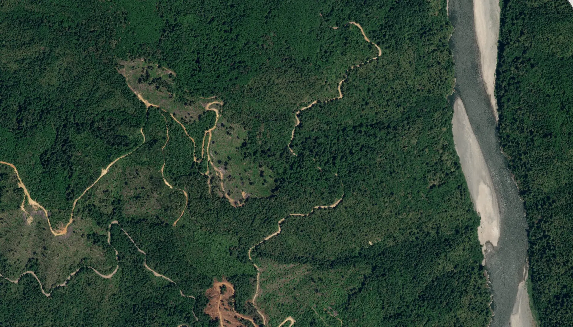 Aerial satellite imagery of forested landscape with river, viewed in Lens