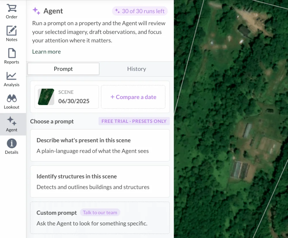 The Agent pane in Lens showing preset prompts and a custom prompt callout.