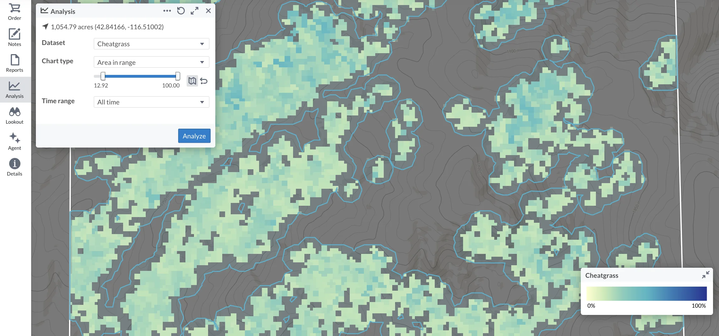 Lens analysis tool showing cheatgrass area in range threshold selection.