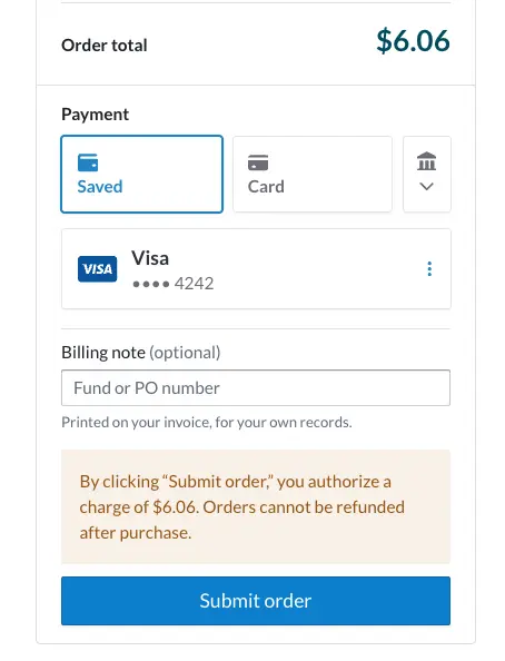 Checkout panel showing the order total, payment method, and optional billing note