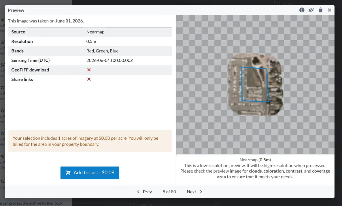 Imagery preview showing scene details, cost, and the Add to cart button