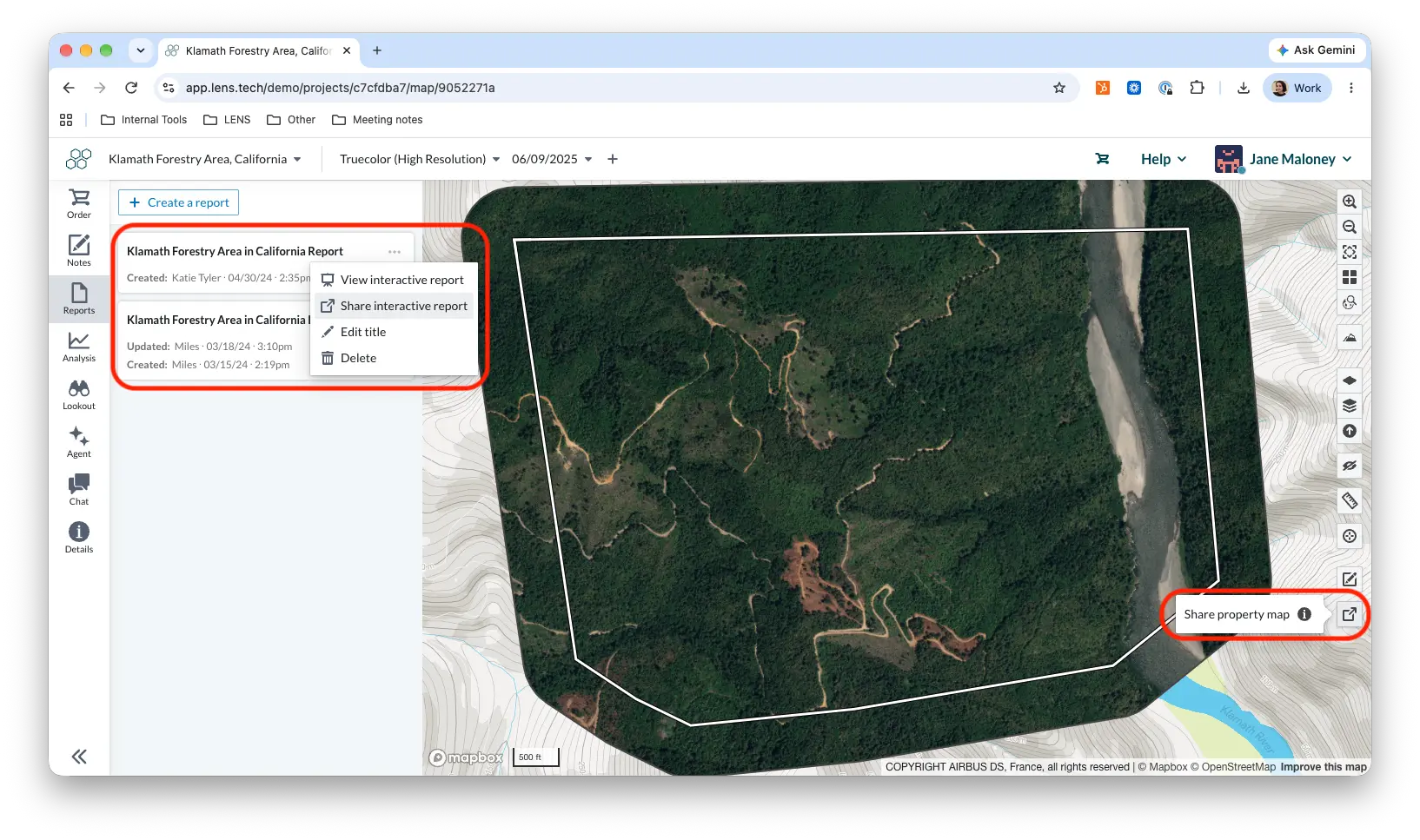 The "Share interactive report" option in the Reports pane and the "Share property map" button in Lens